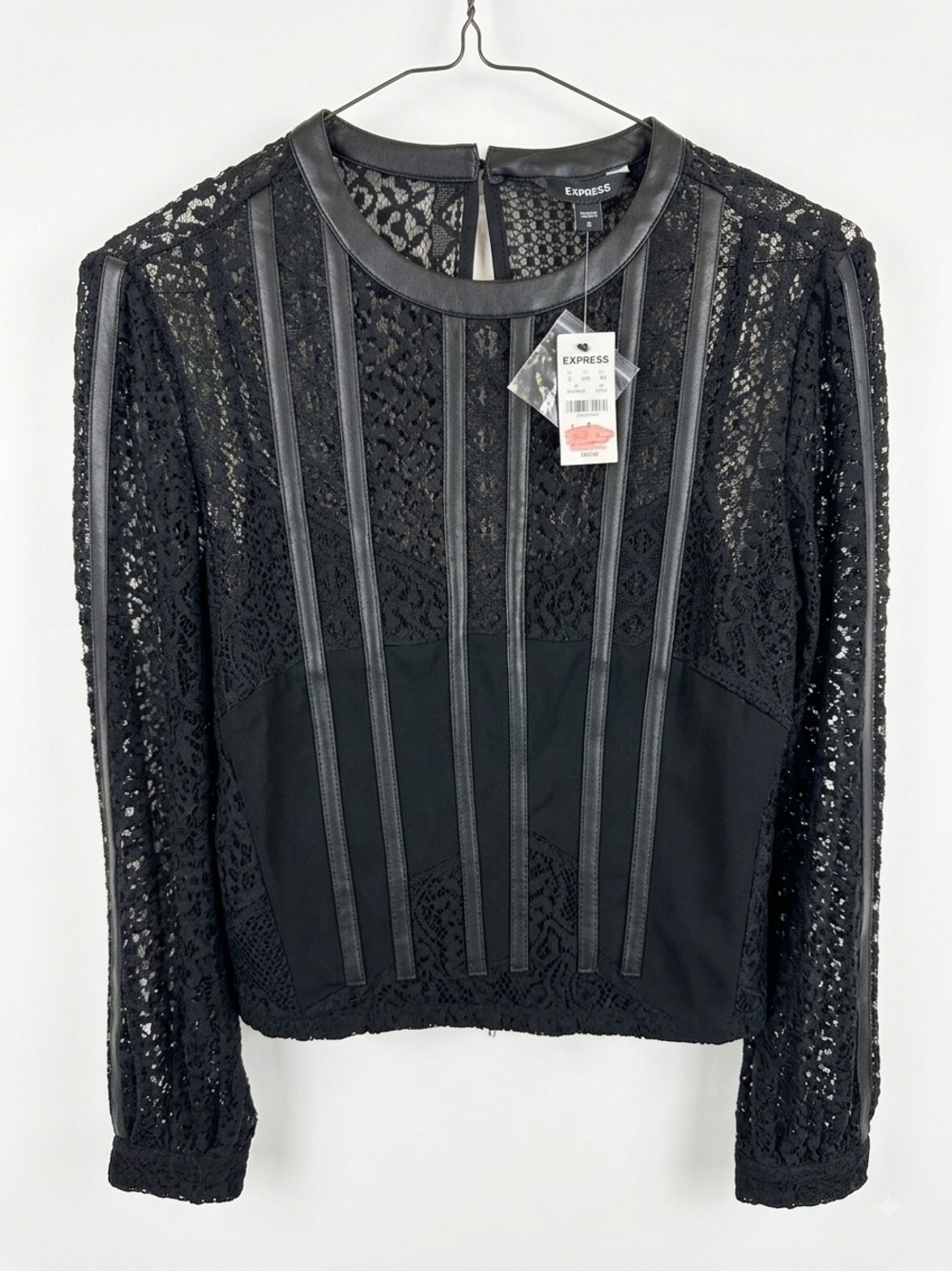 Express Black Lace Long Sleeve Corset Top Faux Leather Trim NWT
